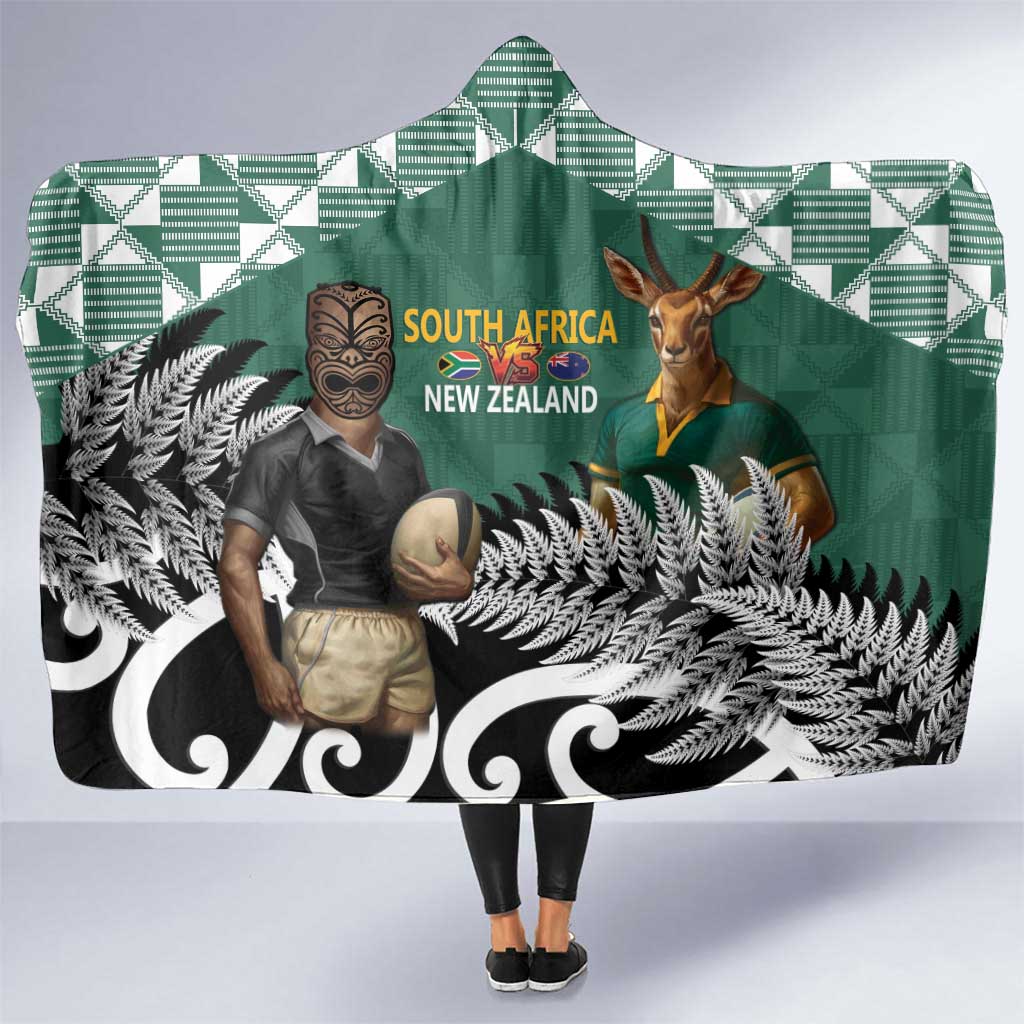 New Zealand South Africa Rugby Hooded Blanket Springboks Kente All Black Maori Together LT14 One Size Green - Polynesian Pride