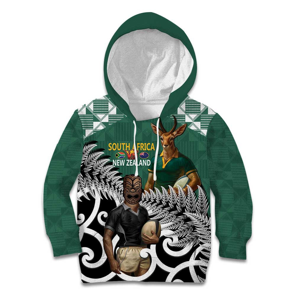 New Zealand South Africa Rugby Custom Kid Hoodie Springboks Kente All Black Maori Together LT14 Hoodie Green - Polynesian Pride
