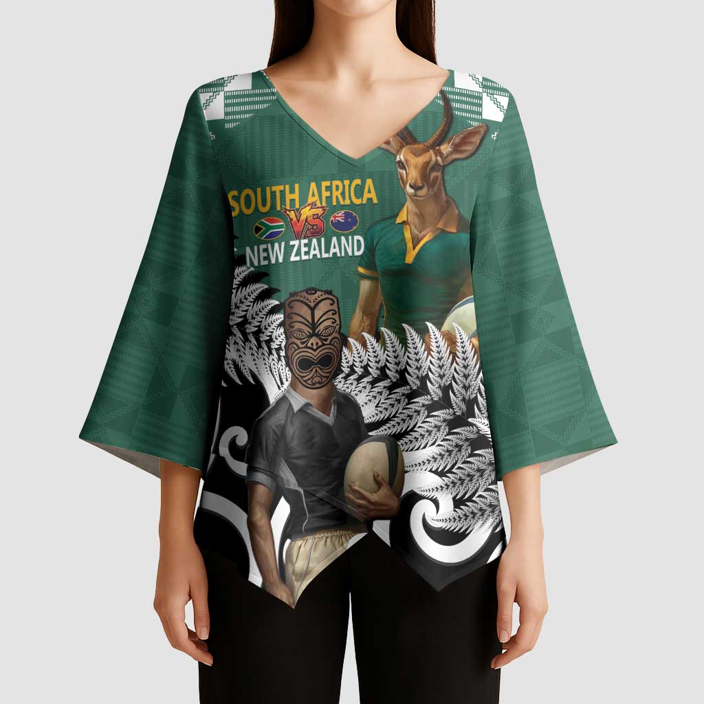 New Zealand South Africa Rugby Custom Kimono Sleeve Blouse Springboks Kente All Black Maori Together LT14 - Polynesian Pride