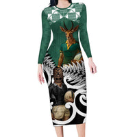 New Zealand South Africa Rugby Custom Long Sleeve Bodycon Dress Springboks Kente All Black Maori Together LT14 Long Dress Green - Polynesian Pride