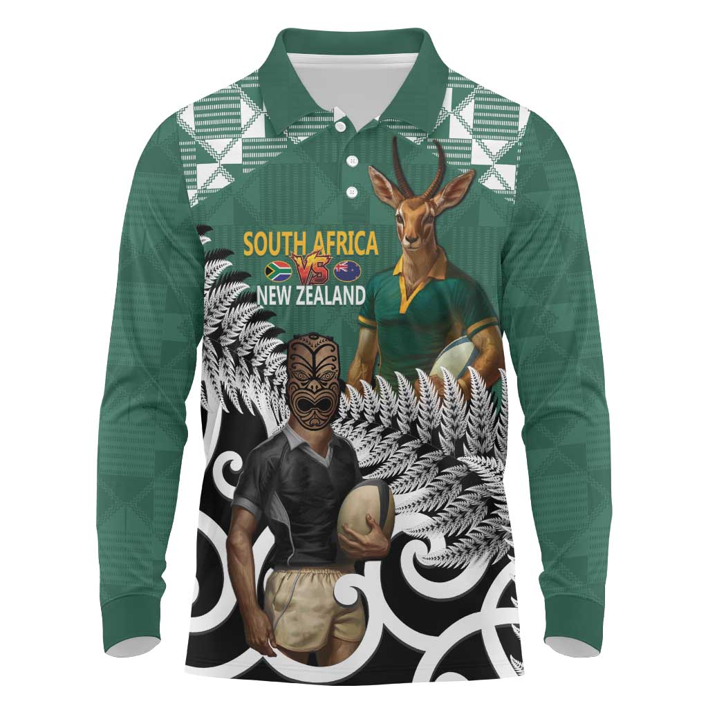 New Zealand South Africa Rugby Custom Long Sleeve Polo Shirt Springboks Kente All Black Maori Together LT14 Green - Polynesian Pride