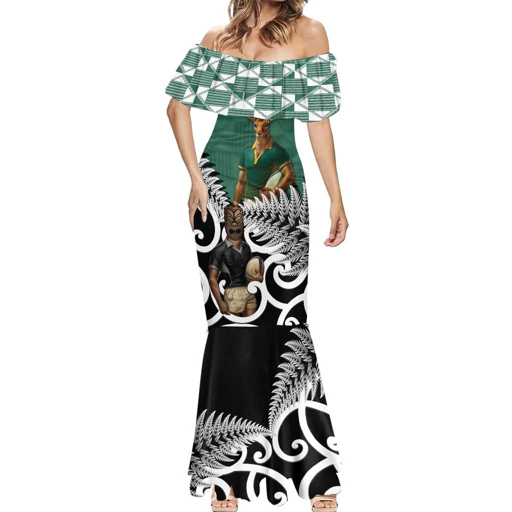New Zealand South Africa Rugby Custom Mermaid Dress Springboks Kente All Black Maori Together LT14 - Polynesian Pride
