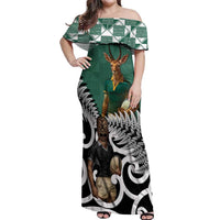 New Zealand South Africa Rugby Custom Off Shoulder Maxi Dress Springboks Kente All Black Maori Together LT14 Women Green - Polynesian Pride