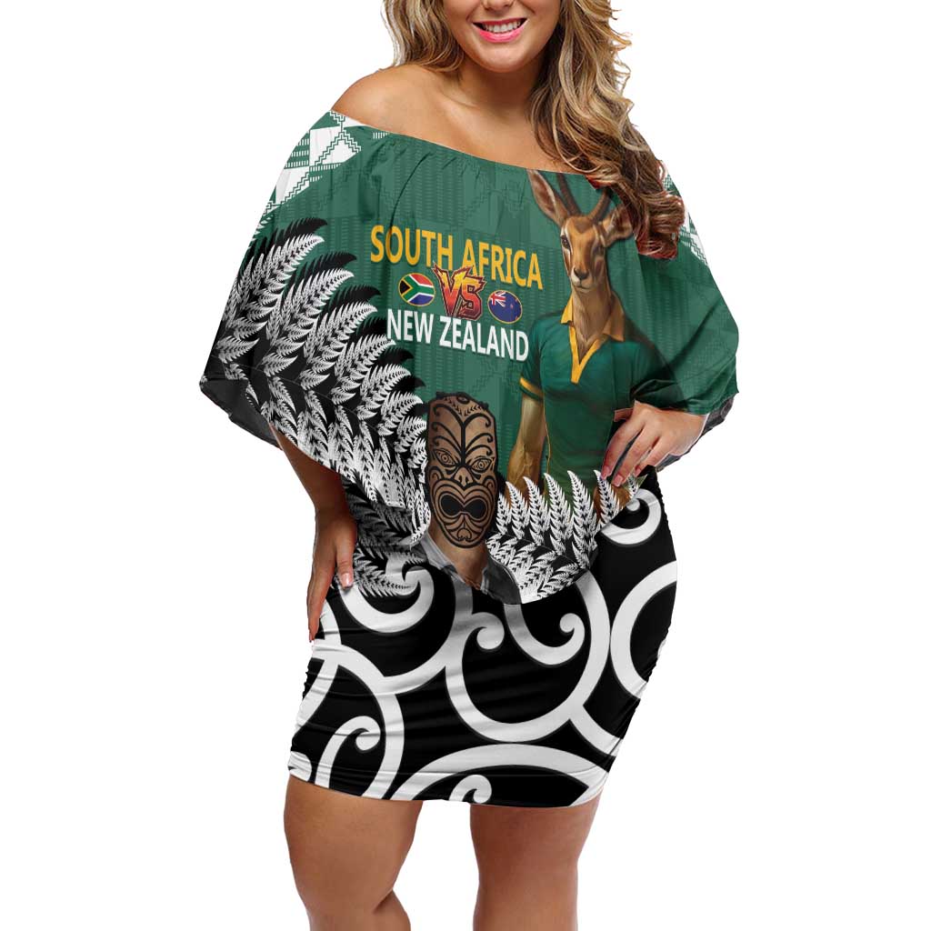New Zealand South Africa Rugby Custom Off Shoulder Short Dress Springboks Kente All Black Maori Together LT14 Women Green - Polynesian Pride