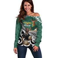 New Zealand South Africa Rugby Custom Off Shoulder Sweater Springboks Kente All Black Maori Together LT14 Women Green - Polynesian Pride