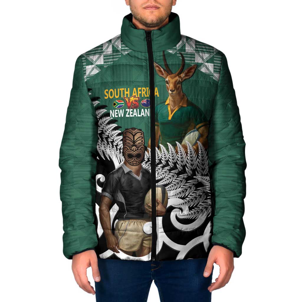 New Zealand South Africa Rugby Custom Padded Jacket Springboks Kente All Black Maori Together - Polynesian Pride