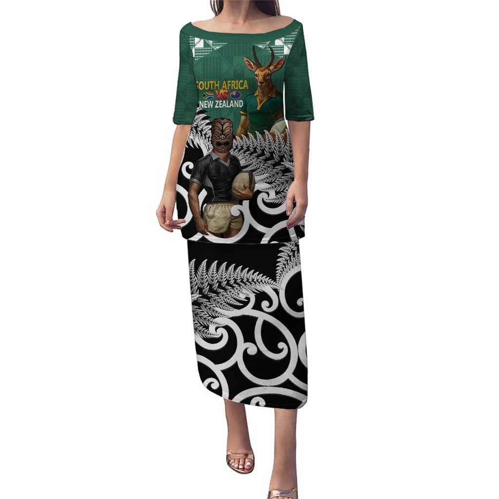 New Zealand South Africa Rugby Custom Puletasi Springboks Kente All Black Maori Together LT14 Long Dress Green - Polynesian Pride
