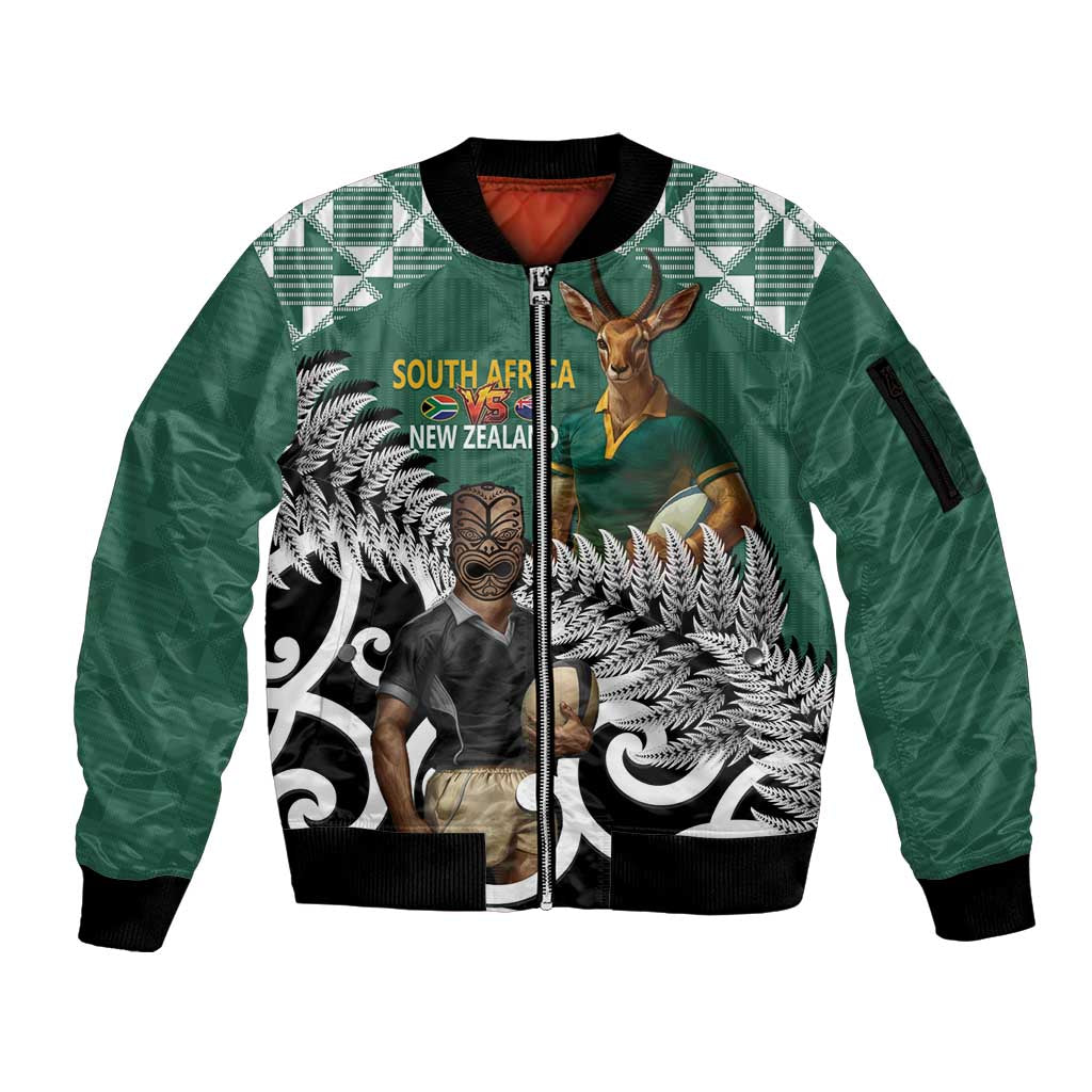 New Zealand South Africa Rugby Custom Sleeve Zip Bomber Jacket Springboks Kente All Black Maori Together LT14 Unisex Green - Polynesian Pride