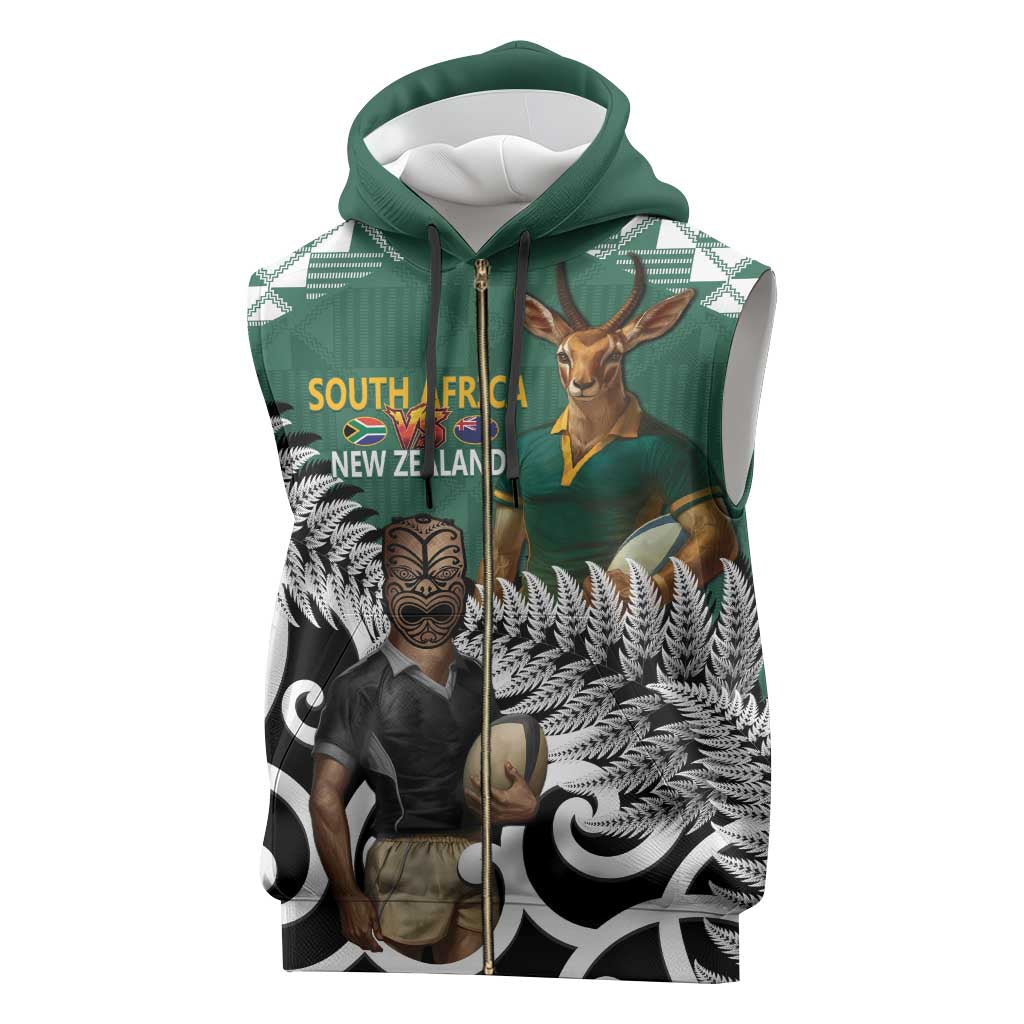 New Zealand South Africa Rugby Custom Sleeveless Zip Hoodie Springboks Kente All Black Maori Together - Polynesian Pride