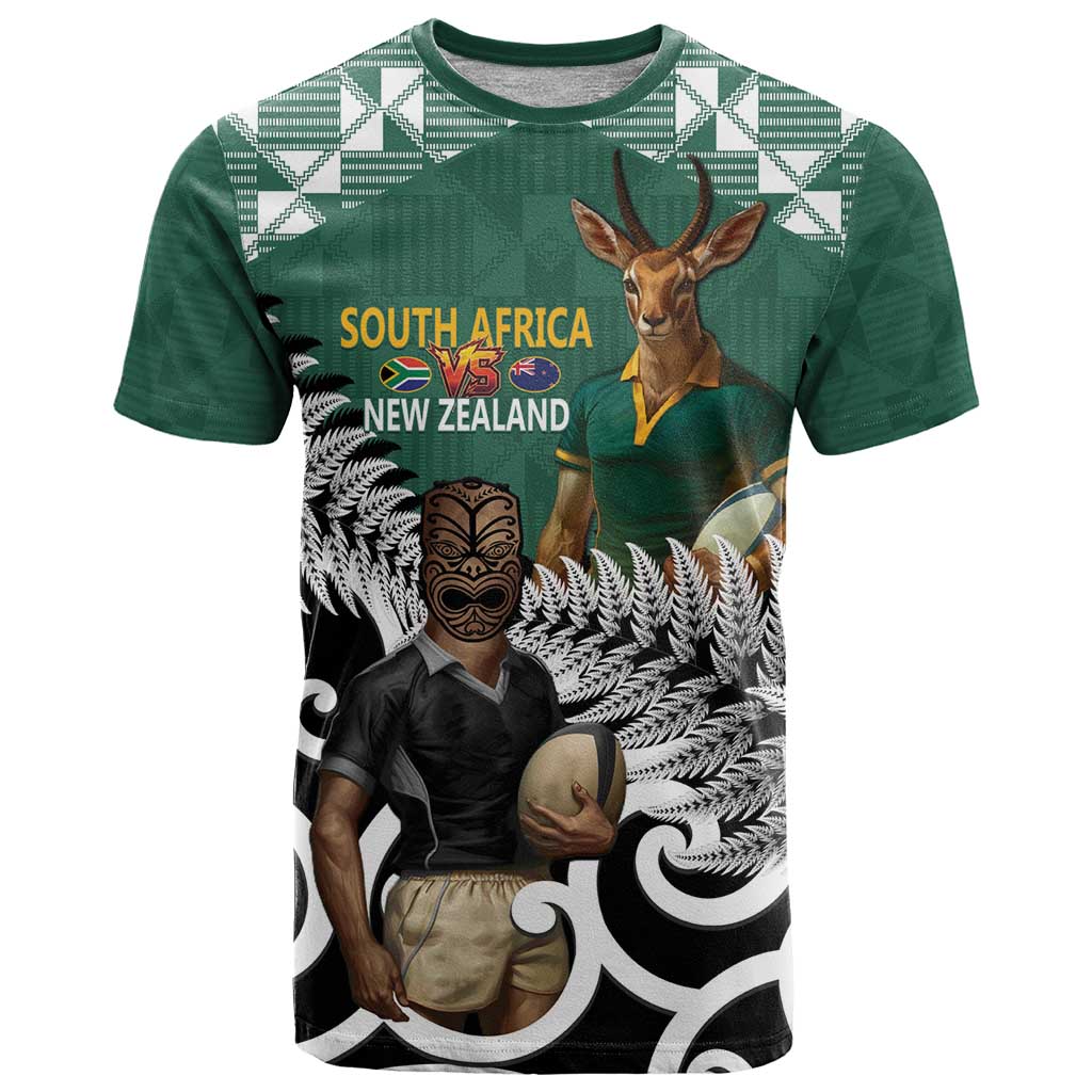 New Zealand South Africa Rugby Custom T Shirt Springboks Kente All Black Maori Together LT14 Green - Polynesian Pride