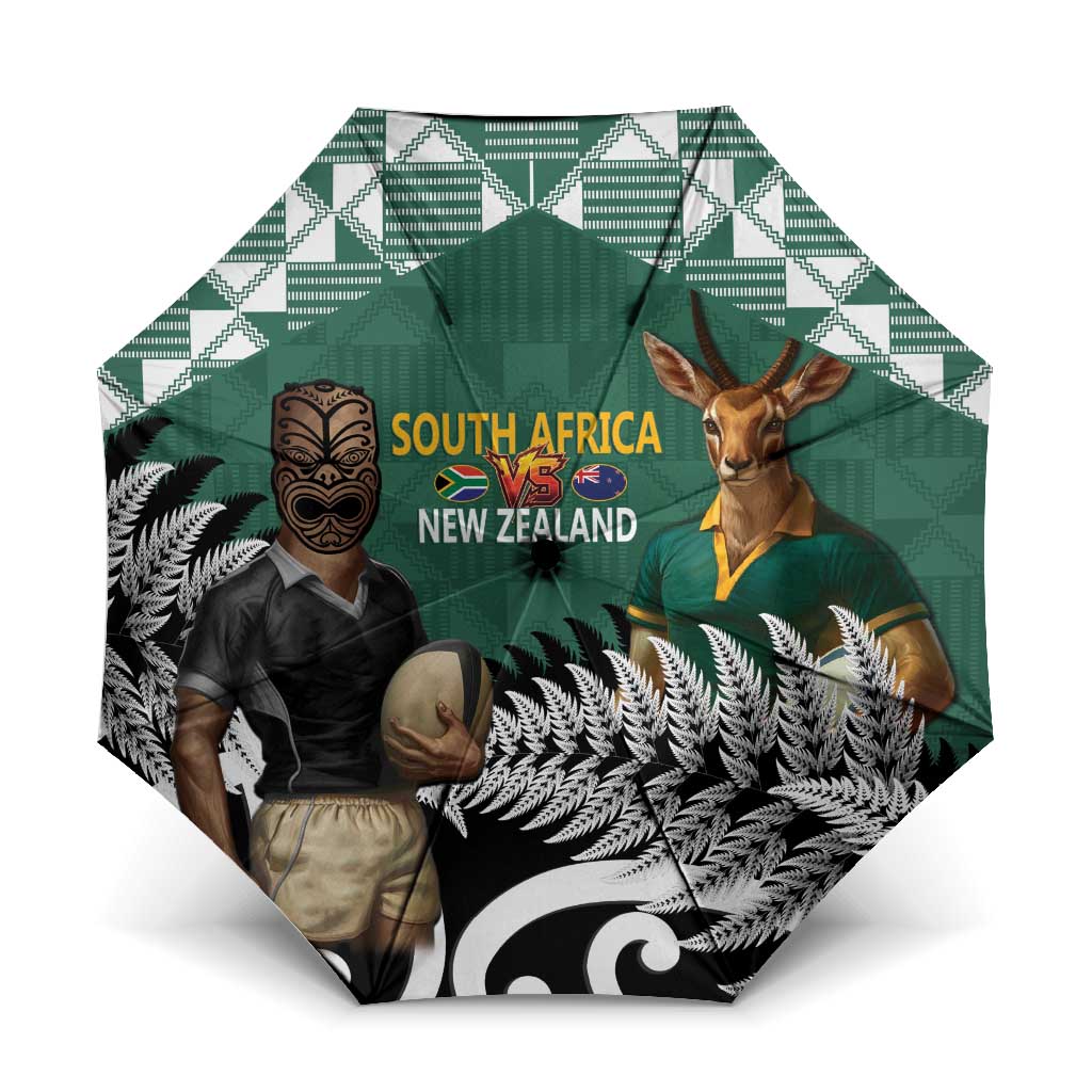 New Zealand South Africa Rugby Umbrella Springboks Kente All Black Maori Together LT14 One Size Folded 11.42 inch Opened Diameter 37.4 inch Green - Polynesian Pride