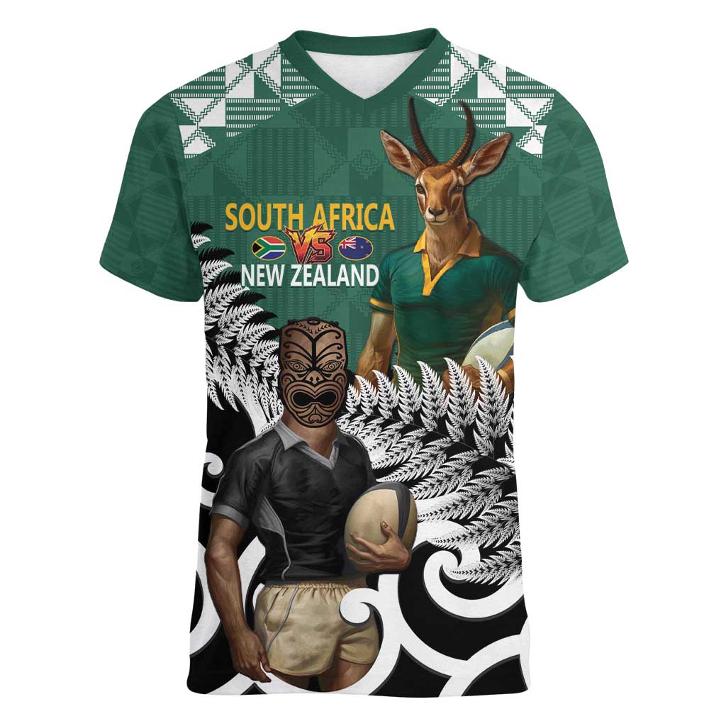 New Zealand South Africa Rugby Custom Women V-Neck T-Shirt Springboks Kente All Black Maori Together LT14 Female Green - Polynesian Pride