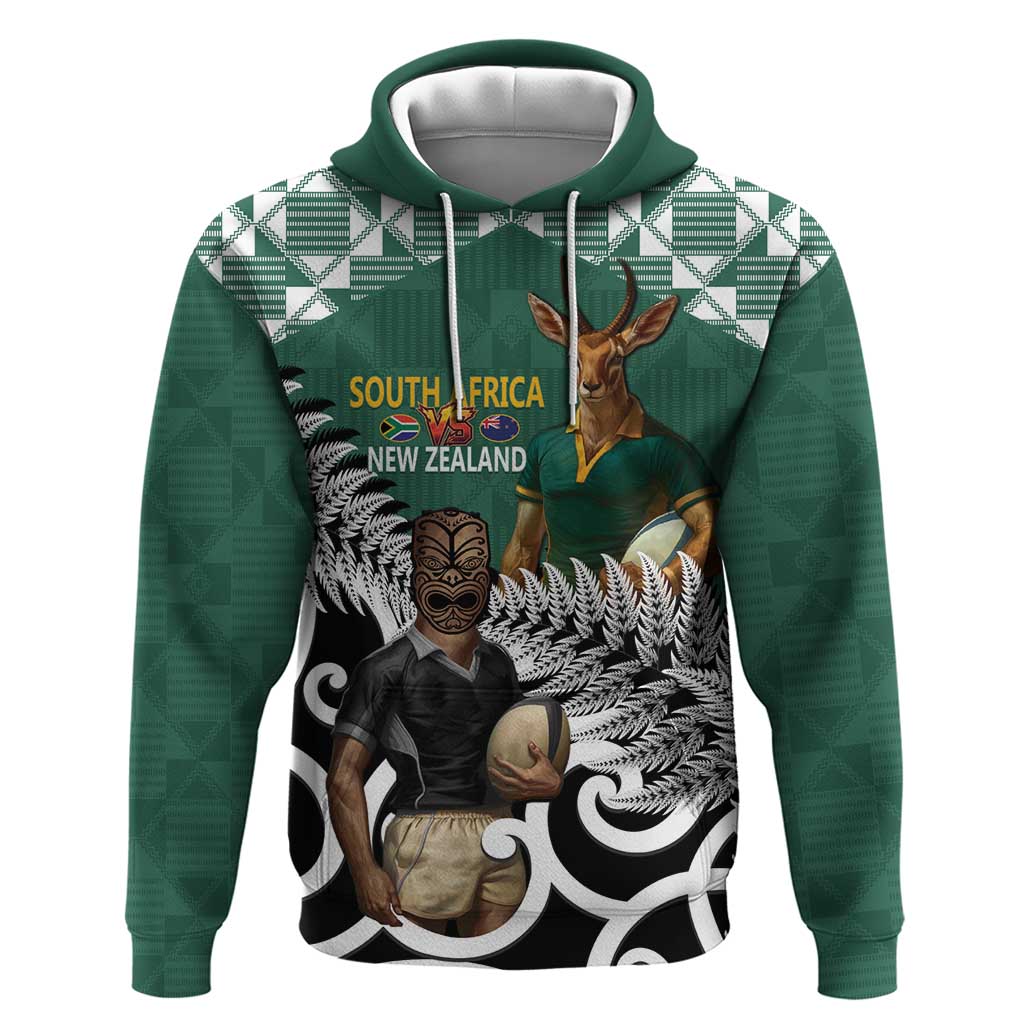New Zealand South Africa Rugby Custom Zip Hoodie Springboks Kente All Black Maori Together LT14 Pullover Hoodie Green - Polynesian Pride