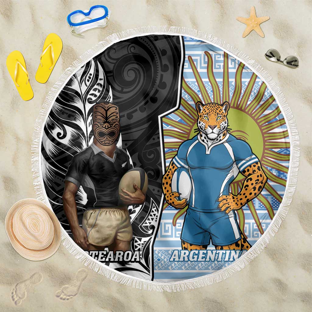New Zealand Argentina Rugby Beach Blanket 2025 Los Pumas All Black Together LT14 One Size 150cm Black - Polynesian Pride