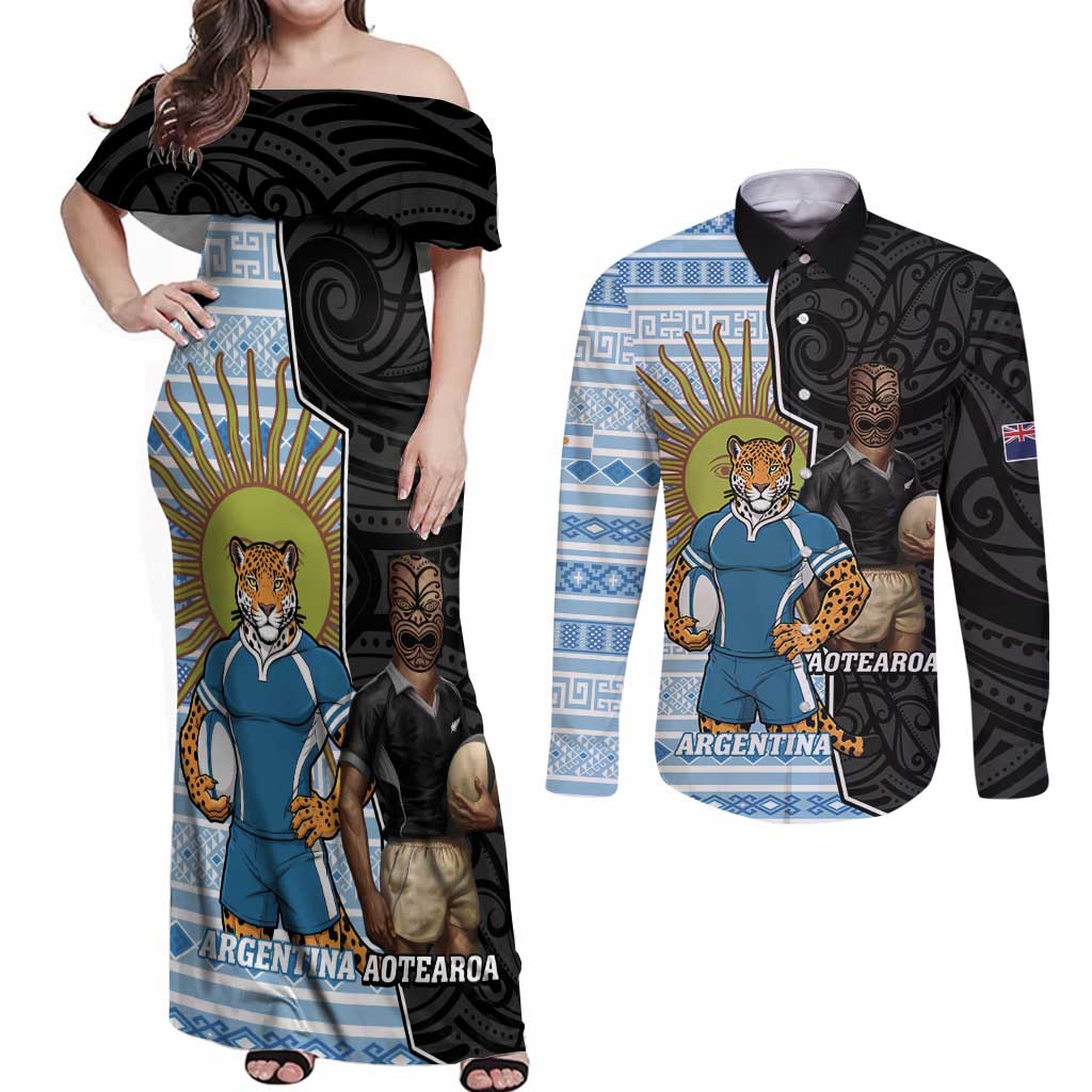 New Zealand Argentina Rugby Custom Couples Matching Off Shoulder Maxi Dress and Long Sleeve Button Shirt 2025 Los Pumas All Black Together LT14 Black - Polynesian Pride