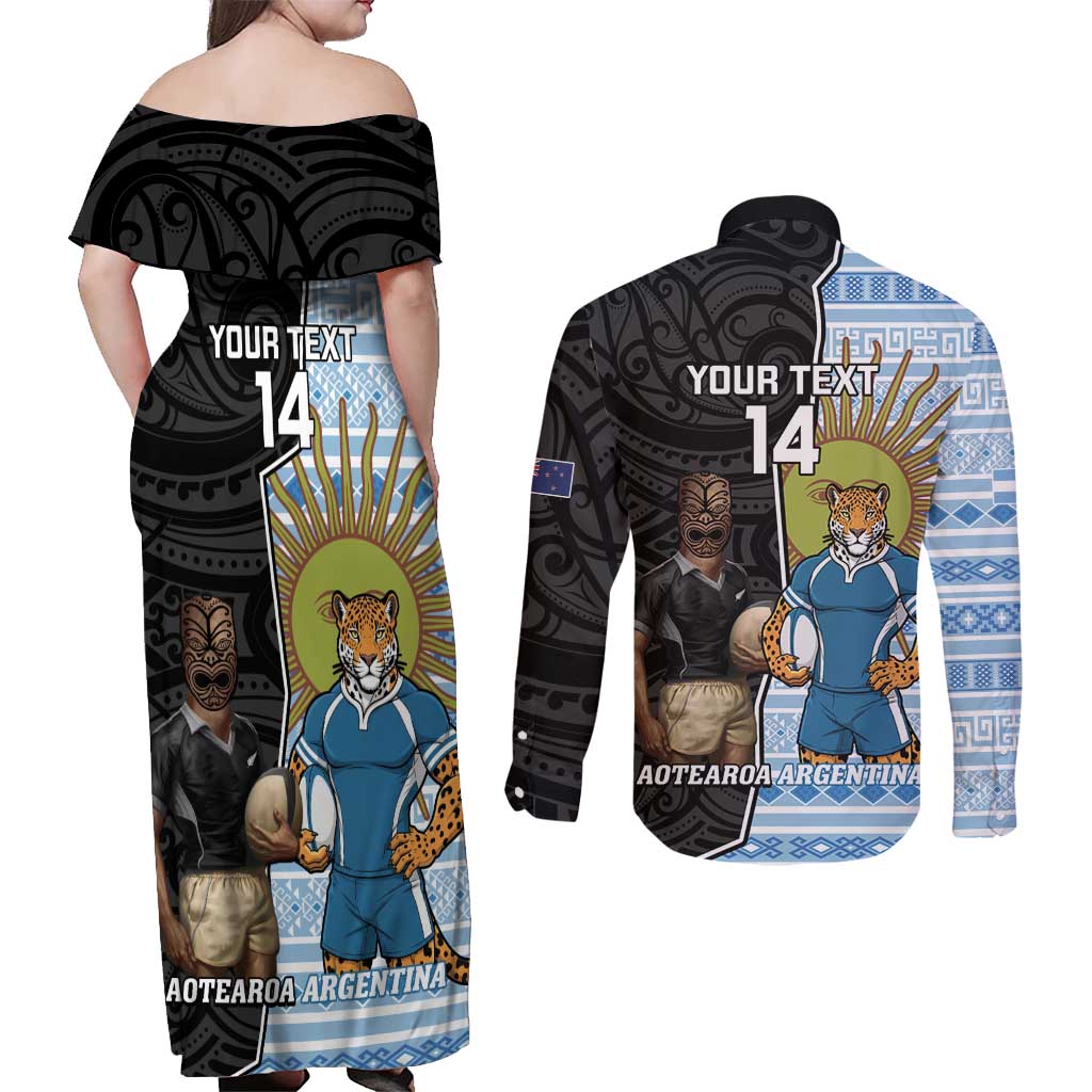 New Zealand Argentina Rugby Custom Couples Matching Off Shoulder Maxi Dress and Long Sleeve Button Shirt 2025 Los Pumas All Black Together LT14 - Polynesian Pride