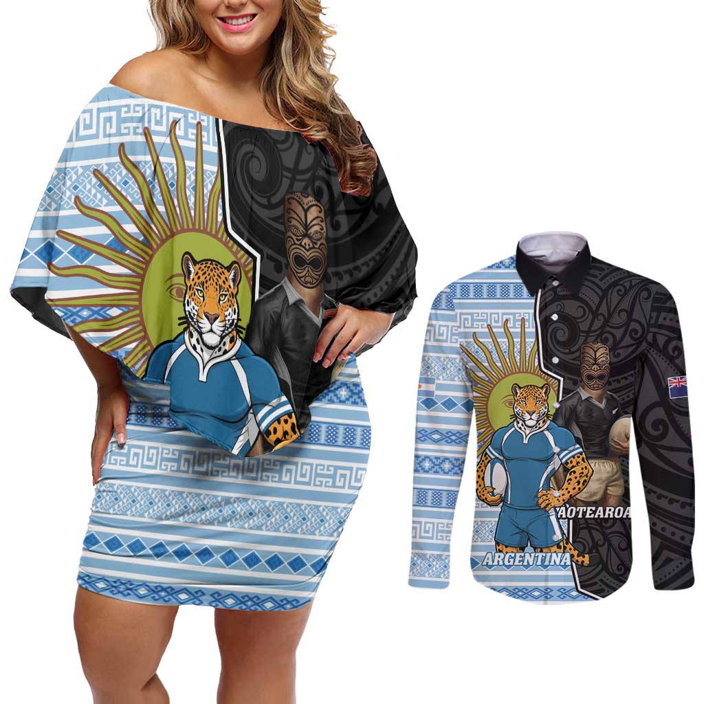 New Zealand Argentina Rugby Custom Couples Matching Off Shoulder Short Dress and Long Sleeve Button Shirt 2025 Los Pumas All Black Together LT14 Black - Polynesian Pride