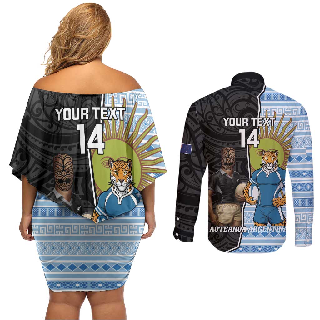 New Zealand Argentina Rugby Custom Couples Matching Off Shoulder Short Dress and Long Sleeve Button Shirt 2025 Los Pumas All Black Together LT14 - Polynesian Pride