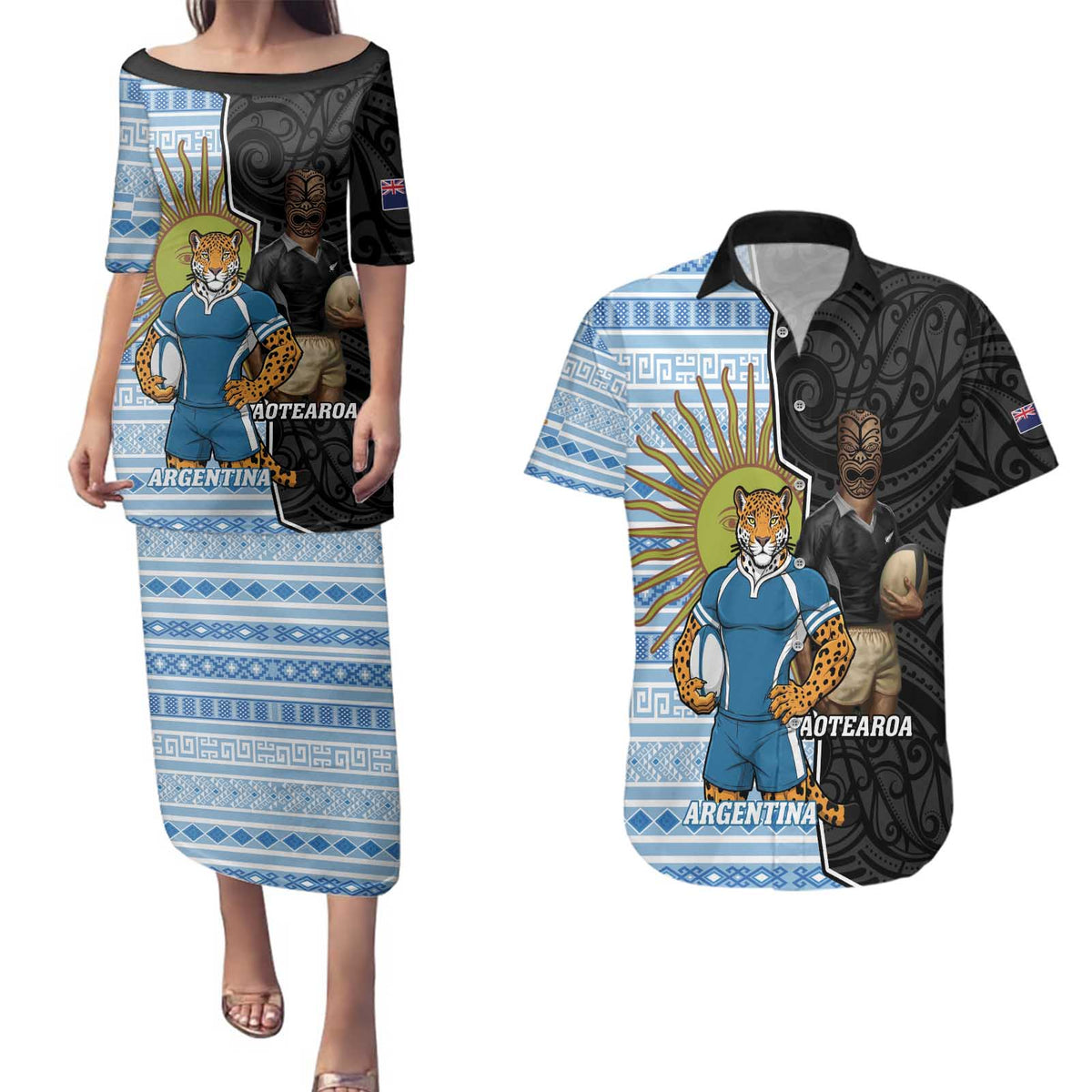 New Zealand Argentina Rugby Custom Couples Matching Puletasi and Hawaiian Shirt 2025 Los Pumas All Black Together - Polynesian Pride