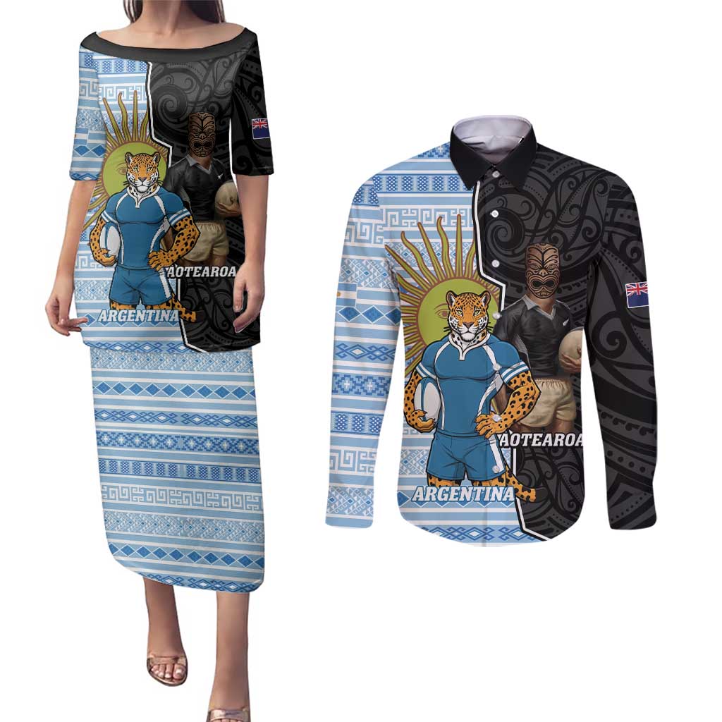 New Zealand Argentina Rugby Custom Couples Matching Puletasi and Long Sleeve Button Shirt 2025 Los Pumas All Black Together - Polynesian Pride