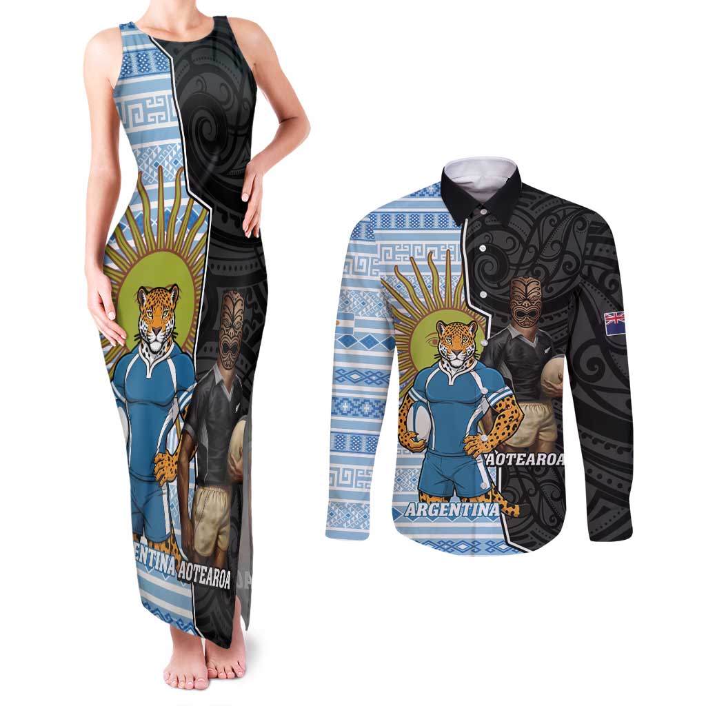 New Zealand Argentina Rugby Custom Couples Matching Tank Maxi Dress and Long Sleeve Button Shirt 2025 Los Pumas All Black Together - Polynesian Pride