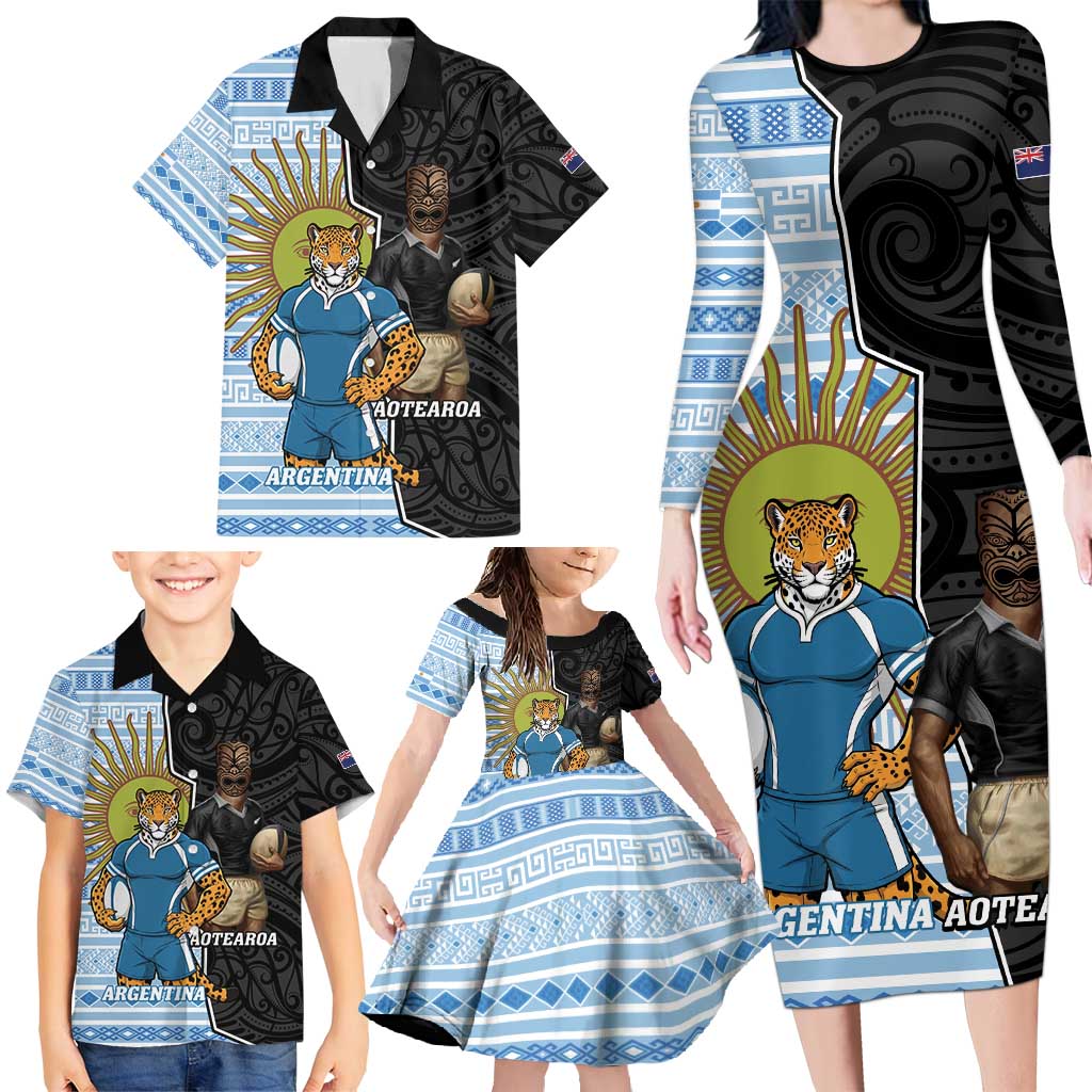New Zealand Argentina Rugby Custom Family Matching Long Sleeve Bodycon Dress and Hawaiian Shirt 2025 Los Pumas All Black Together LT14 - Polynesian Pride
