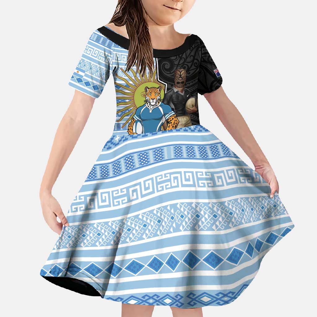 New Zealand Argentina Rugby Custom Family Matching Mermaid Dress and Hawaiian Shirt 2025 Los Pumas All Black Together LT14 Daughter's Dress Black - Polynesian Pride