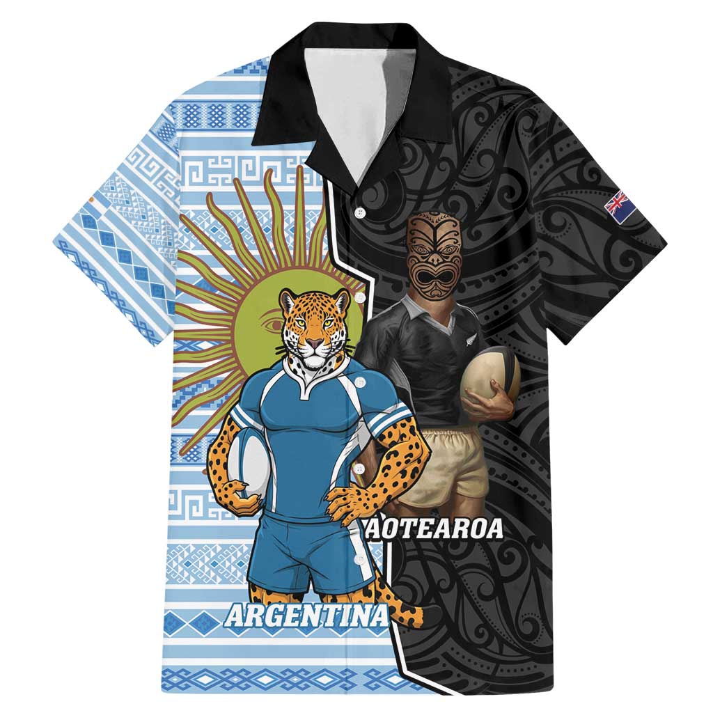 New Zealand Argentina Rugby Custom Family Matching Mermaid Dress and Hawaiian Shirt 2025 Los Pumas All Black Together LT14 Dad's Shirt - Short Sleeve Black - Polynesian Pride