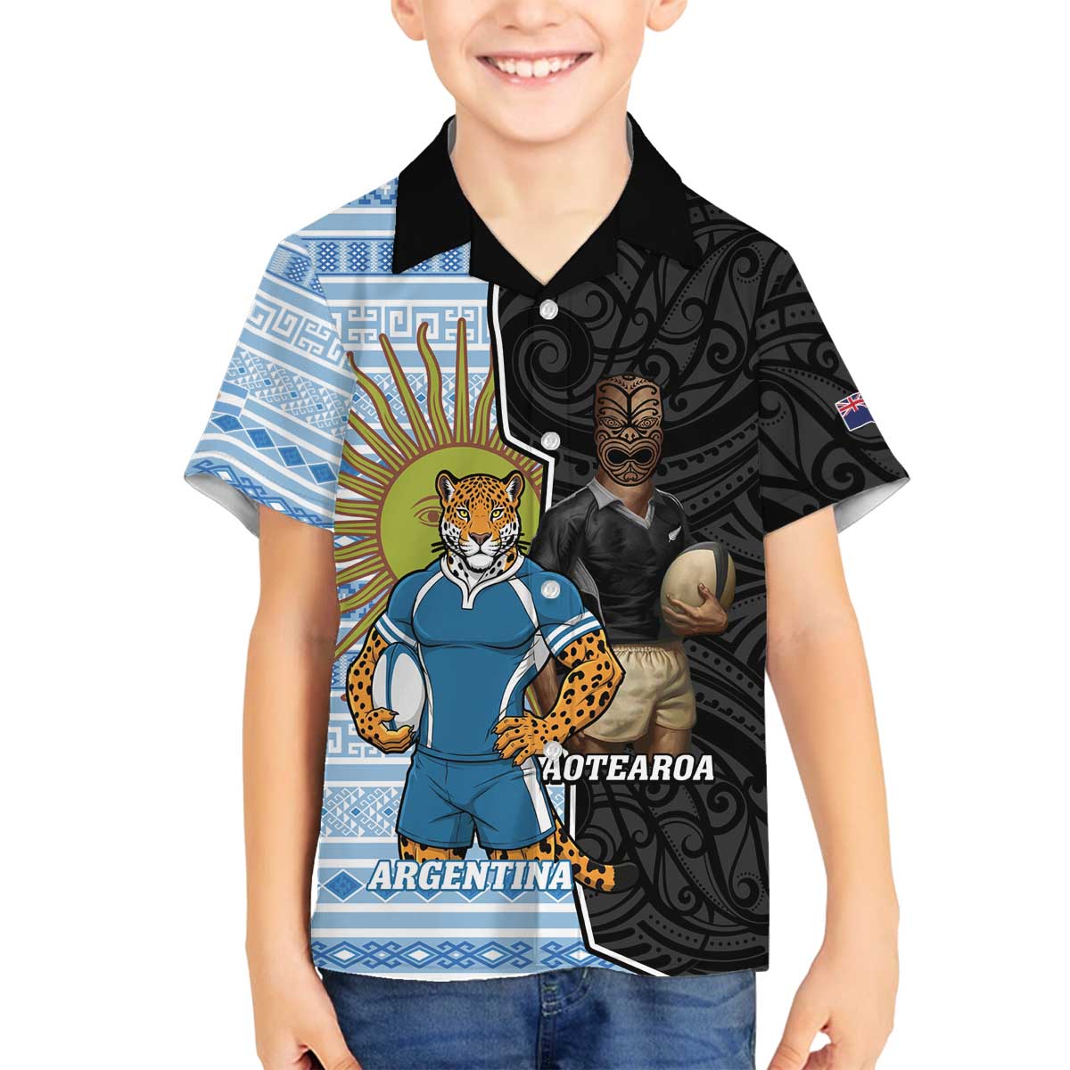New Zealand Argentina Rugby Custom Family Matching Off The Shoulder Long Sleeve Dress and Hawaiian Shirt 2025 Los Pumas All Black Together LT14 Son's Shirt Black - Polynesian Pride