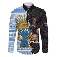 New Zealand Argentina Rugby Custom Family Matching Off Shoulder Maxi Dress and Hawaiian Shirt 2025 Los Pumas All Black Together LT14 Dad's Shirt - Long Sleeve Black - Polynesian Pride