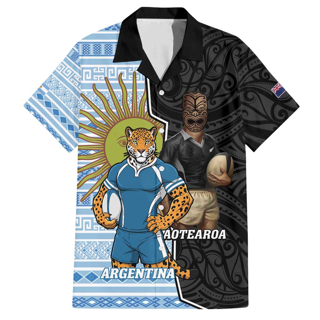 New Zealand Argentina Rugby Custom Family Matching Summer Maxi Dress and Hawaiian Shirt 2025 Los Pumas All Black Together LT14 Dad's Shirt - Short Sleeve Black - Polynesian Pride