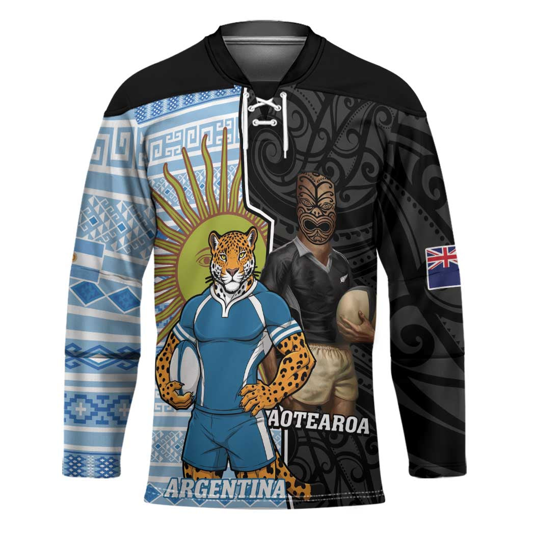 New Zealand Argentina Rugby Custom Hockey Jersey 2025 Los Pumas All Black Together LT14 Unisex Black - Polynesian Pride