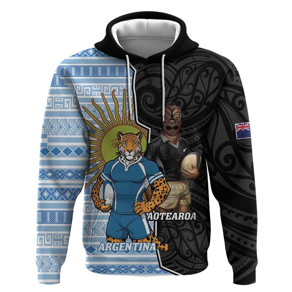 New Zealand Argentina Rugby Custom Hoodie 2025 Los Pumas All Black Together LT14 Pullover Hoodie Black - Polynesian Pride