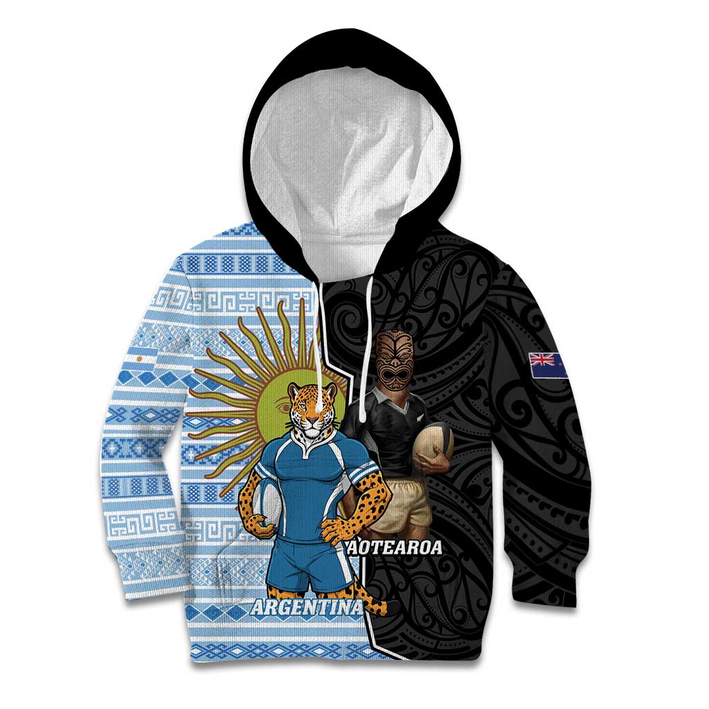 New Zealand Argentina Rugby Custom Kid Hoodie 2025 Los Pumas All Black Together - Polynesian Pride