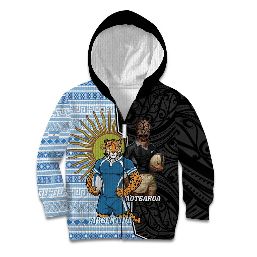 New Zealand Argentina Rugby Custom Kid Hoodie 2025 Los Pumas All Black Together LT14 Zip Hoodie Black - Polynesian Pride