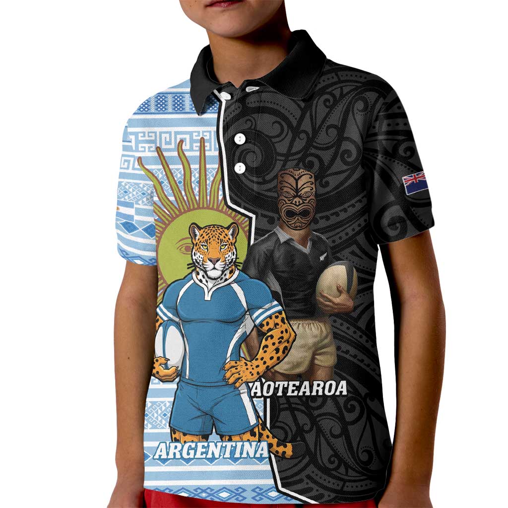 New Zealand Argentina Rugby Custom Kid Polo Shirt 2025 Los Pumas All Black Together LT14 Kid Black - Polynesian Pride