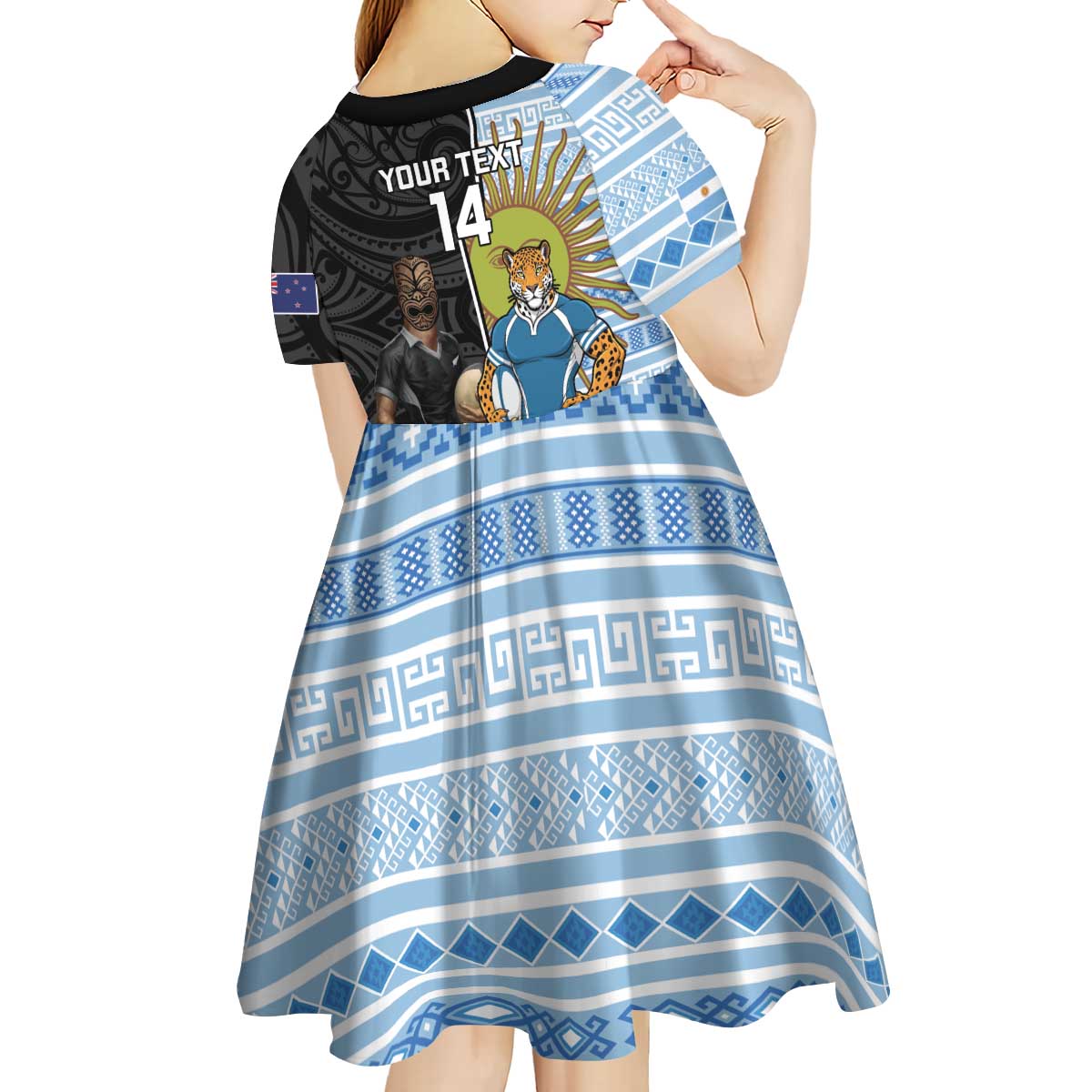 New Zealand Argentina Rugby Custom Kid Short Sleeve Dress 2025 Los Pumas All Black Together LT14 - Polynesian Pride