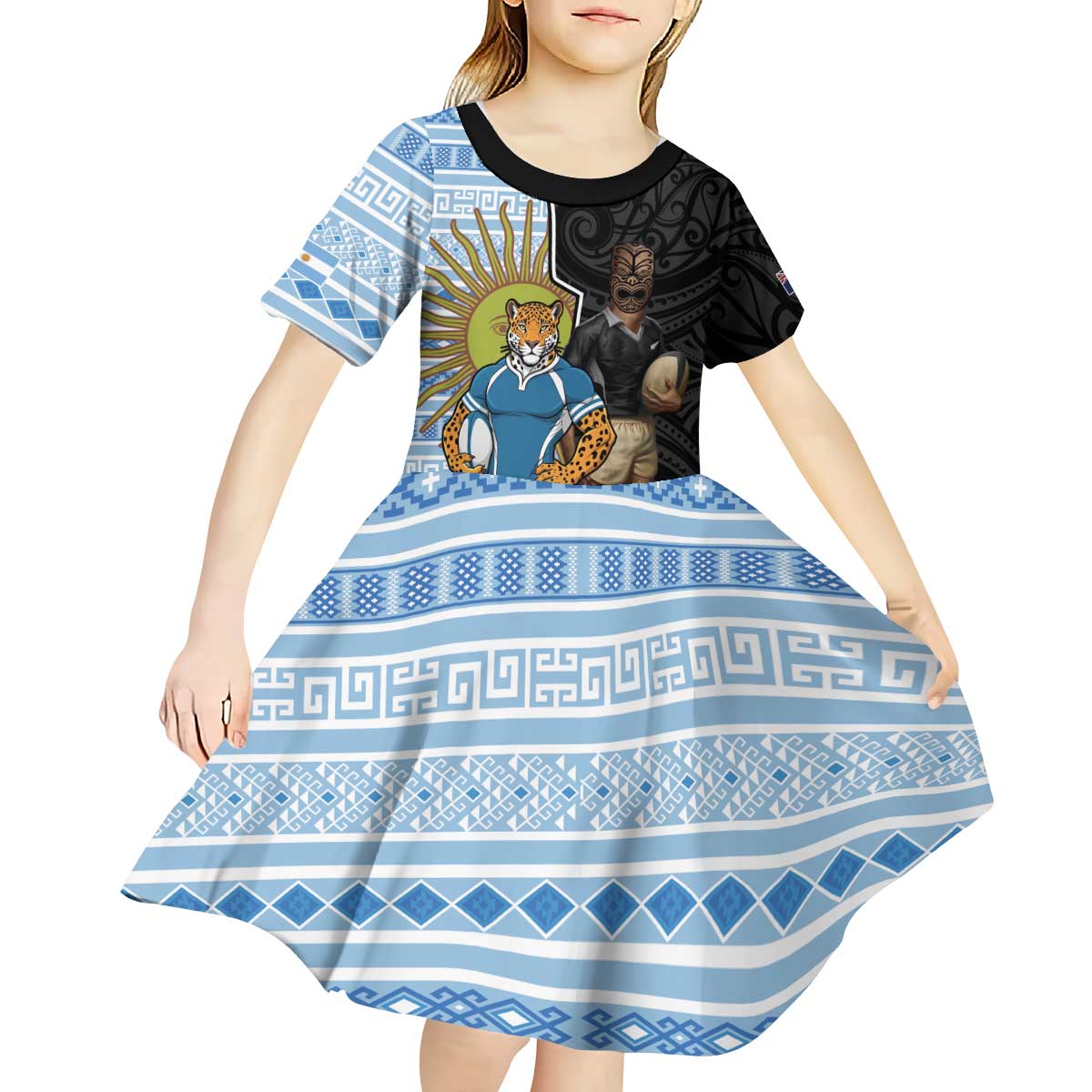 New Zealand Argentina Rugby Custom Kid Short Sleeve Dress 2025 Los Pumas All Black Together LT14 - Polynesian Pride