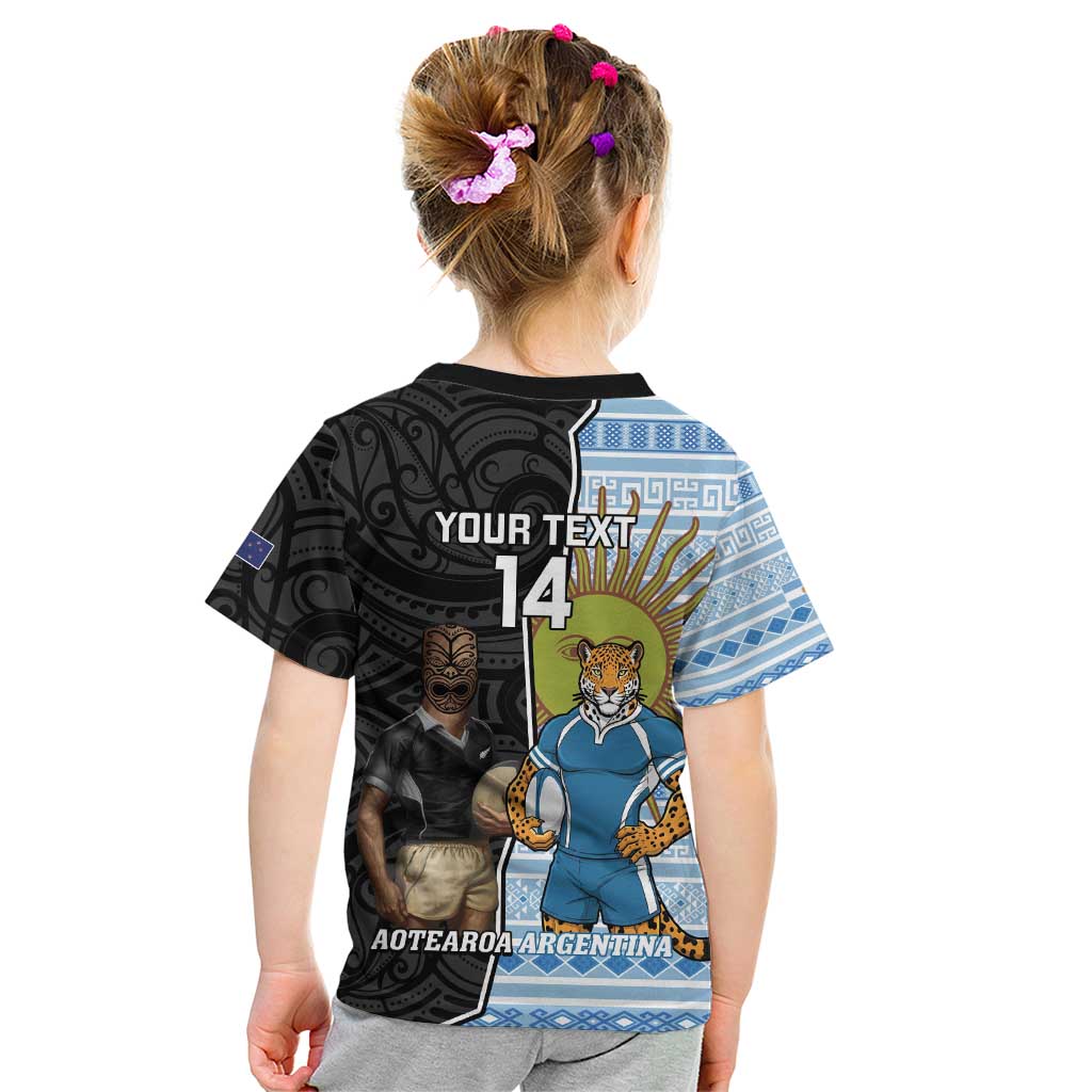 New Zealand Argentina Rugby Custom Kid T Shirt 2025 Los Pumas All Black Together LT14 - Polynesian Pride