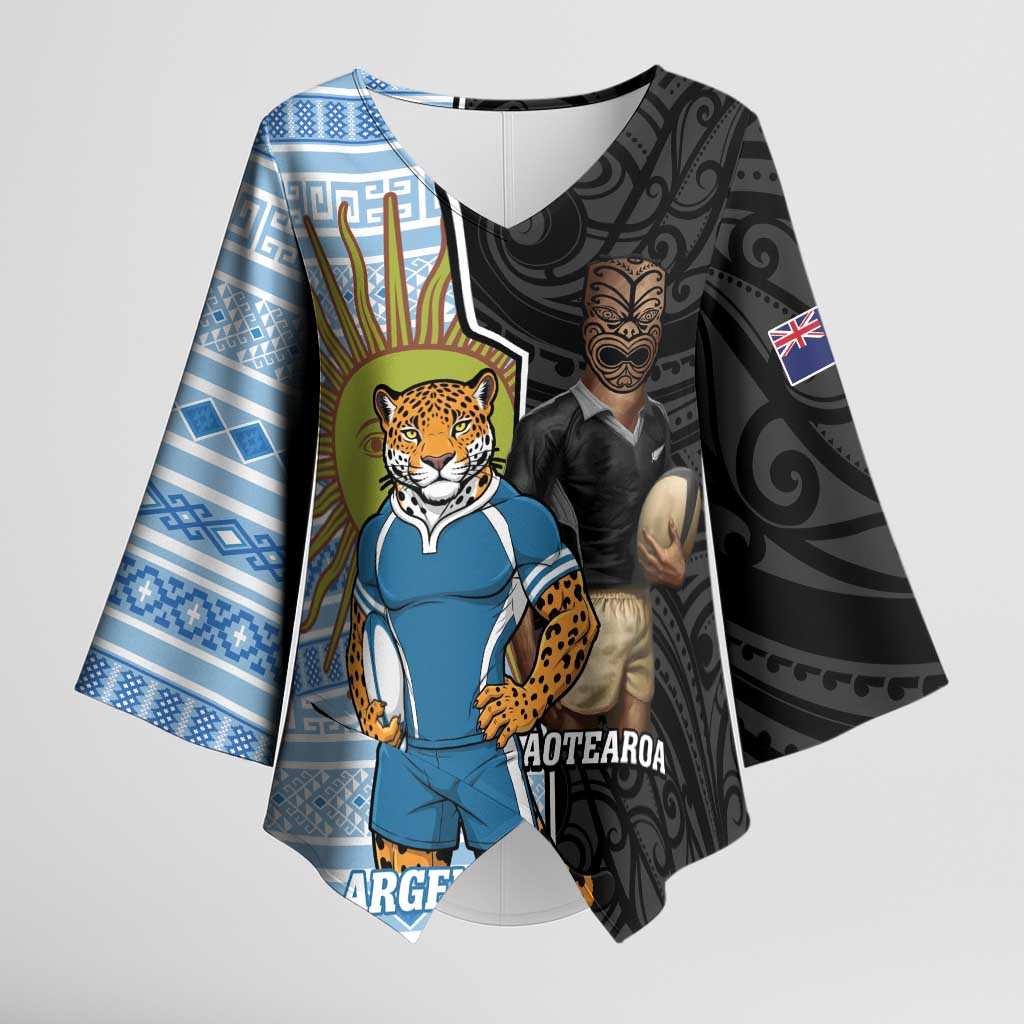 New Zealand Argentina Rugby Custom Kimono Sleeve Blouse 2025 Los Pumas All Black Together LT14 Female Black - Polynesian Pride