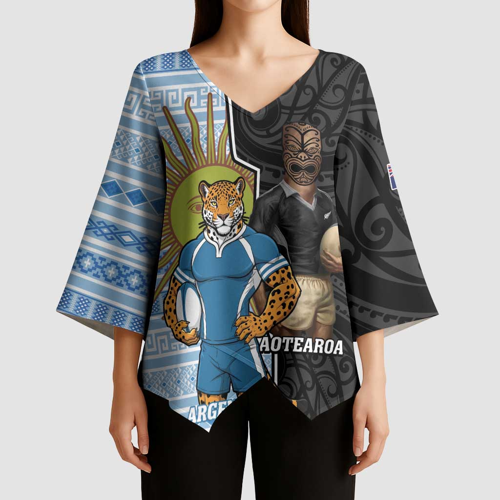 New Zealand Argentina Rugby Custom Kimono Sleeve Blouse 2025 Los Pumas All Black Together LT14 - Polynesian Pride