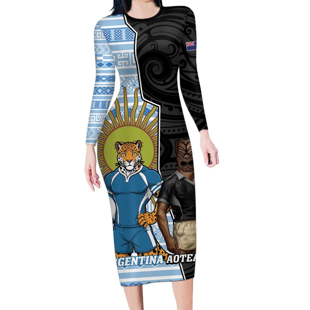 New Zealand Argentina Rugby Custom Long Sleeve Bodycon Dress 2025 Los Pumas All Black Together LT14 Long Dress Black - Polynesian Pride