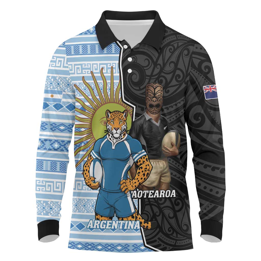 New Zealand Argentina Rugby Custom Long Sleeve Polo Shirt 2025 Los Pumas All Black Together LT14 Black - Polynesian Pride