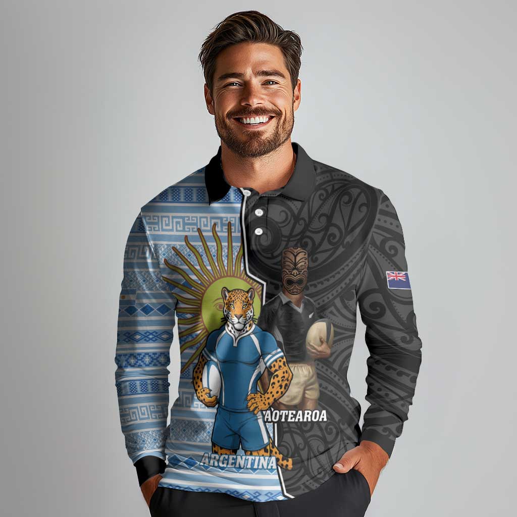New Zealand Argentina Rugby Custom Long Sleeve Polo Shirt 2025 Los Pumas All Black Together LT14 - Polynesian Pride