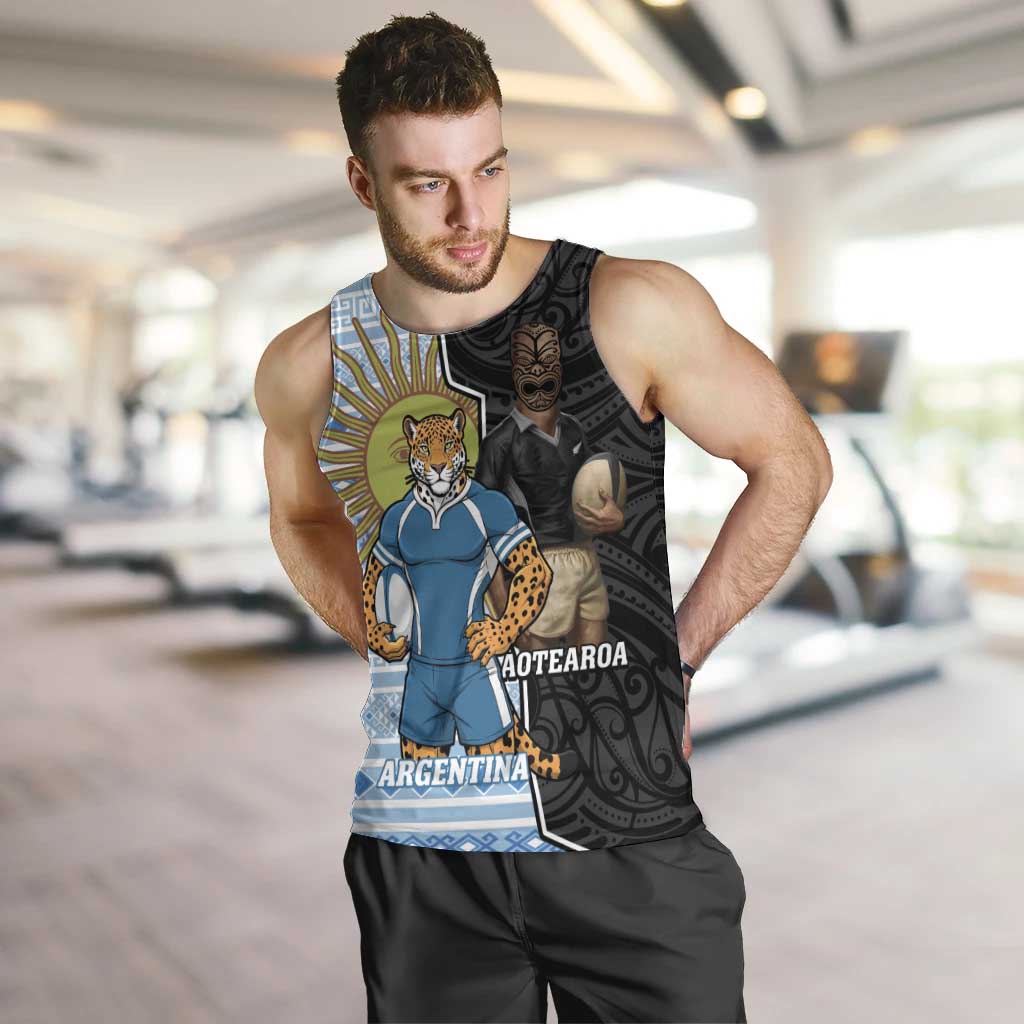 New Zealand Argentina Rugby Custom Men Tank Top 2025 Los Pumas All Black Together LT14 Black - Polynesian Pride