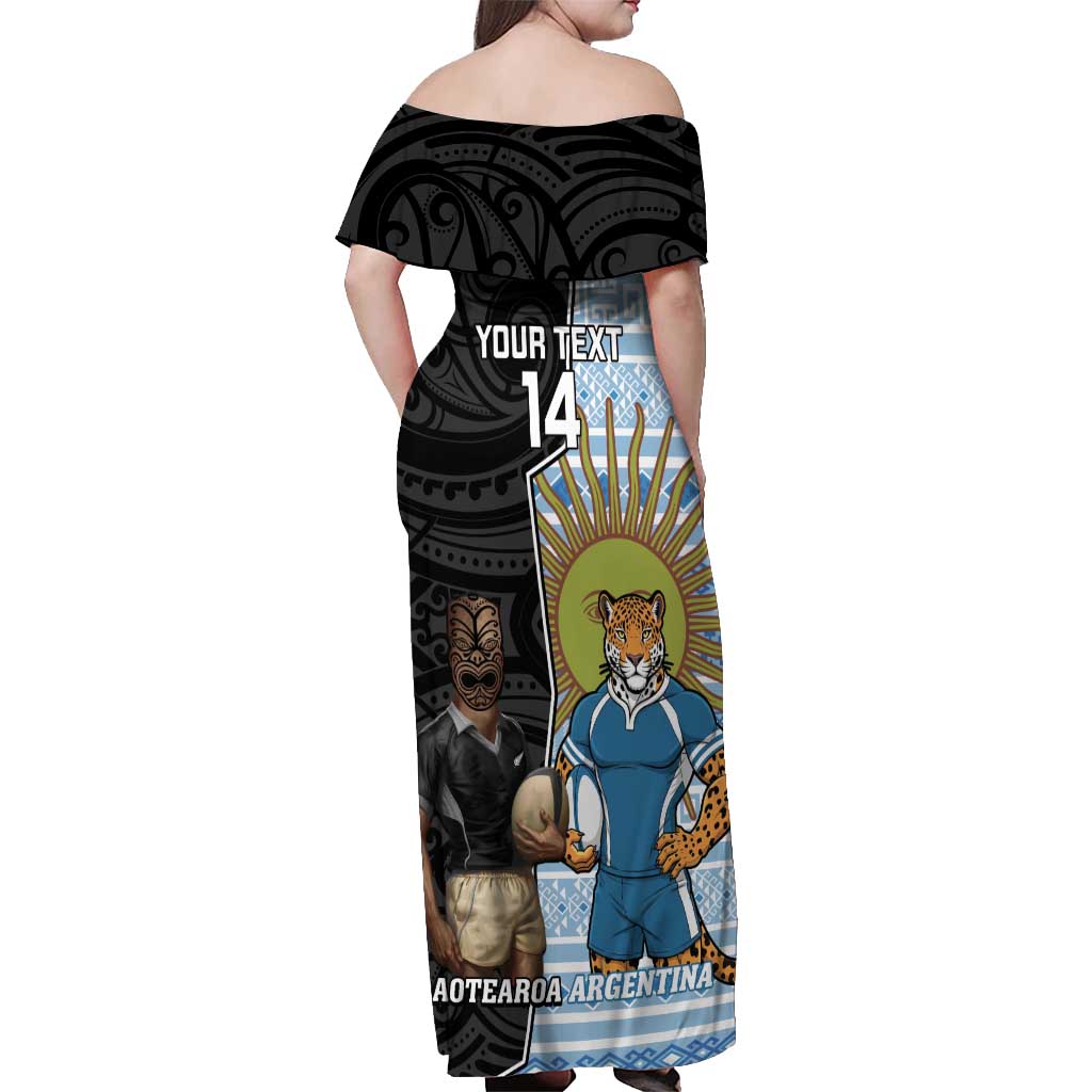 New Zealand Argentina Rugby Custom Off Shoulder Maxi Dress 2025 Los Pumas All Black Together LT14 - Polynesian Pride