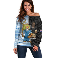 New Zealand Argentina Rugby Custom Off Shoulder Sweater 2025 Los Pumas All Black Together LT14 Women Black - Polynesian Pride