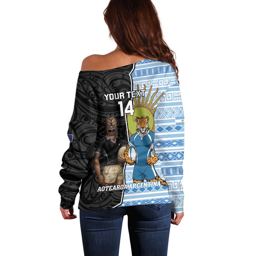 New Zealand Argentina Rugby Custom Off Shoulder Sweater 2025 Los Pumas All Black Together LT14 - Polynesian Pride
