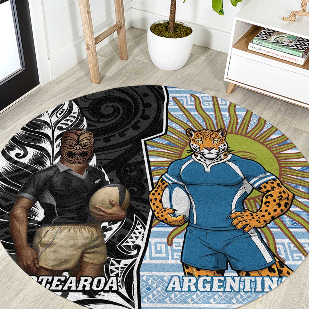 New Zealand Argentina Rugby Round Carpet 2025 Los Pumas All Black Together LT14 Black - Polynesian Pride