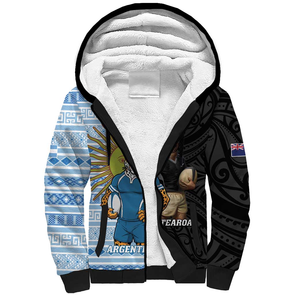 New Zealand Argentina Rugby Custom Sherpa Hoodie 2025 Los Pumas All Black Together LT14 Unisex Black - Polynesian Pride